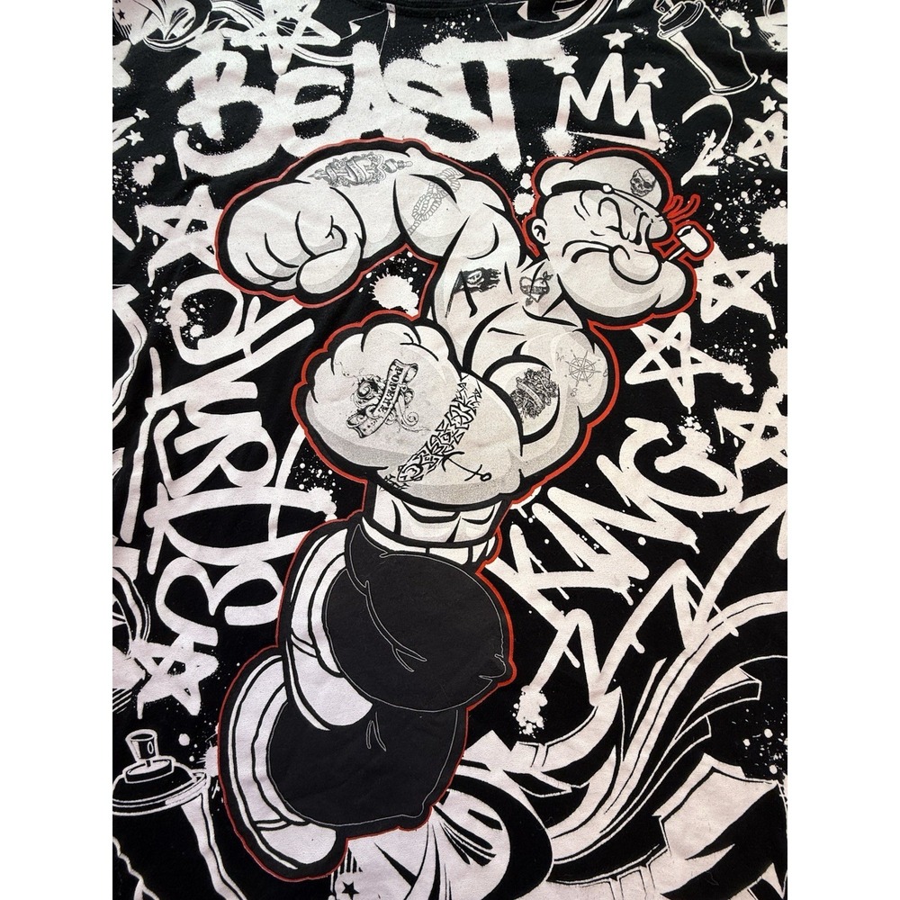 Retro Popeye‎ All Over Print Themed Black T shirt Tagless Size 2XL